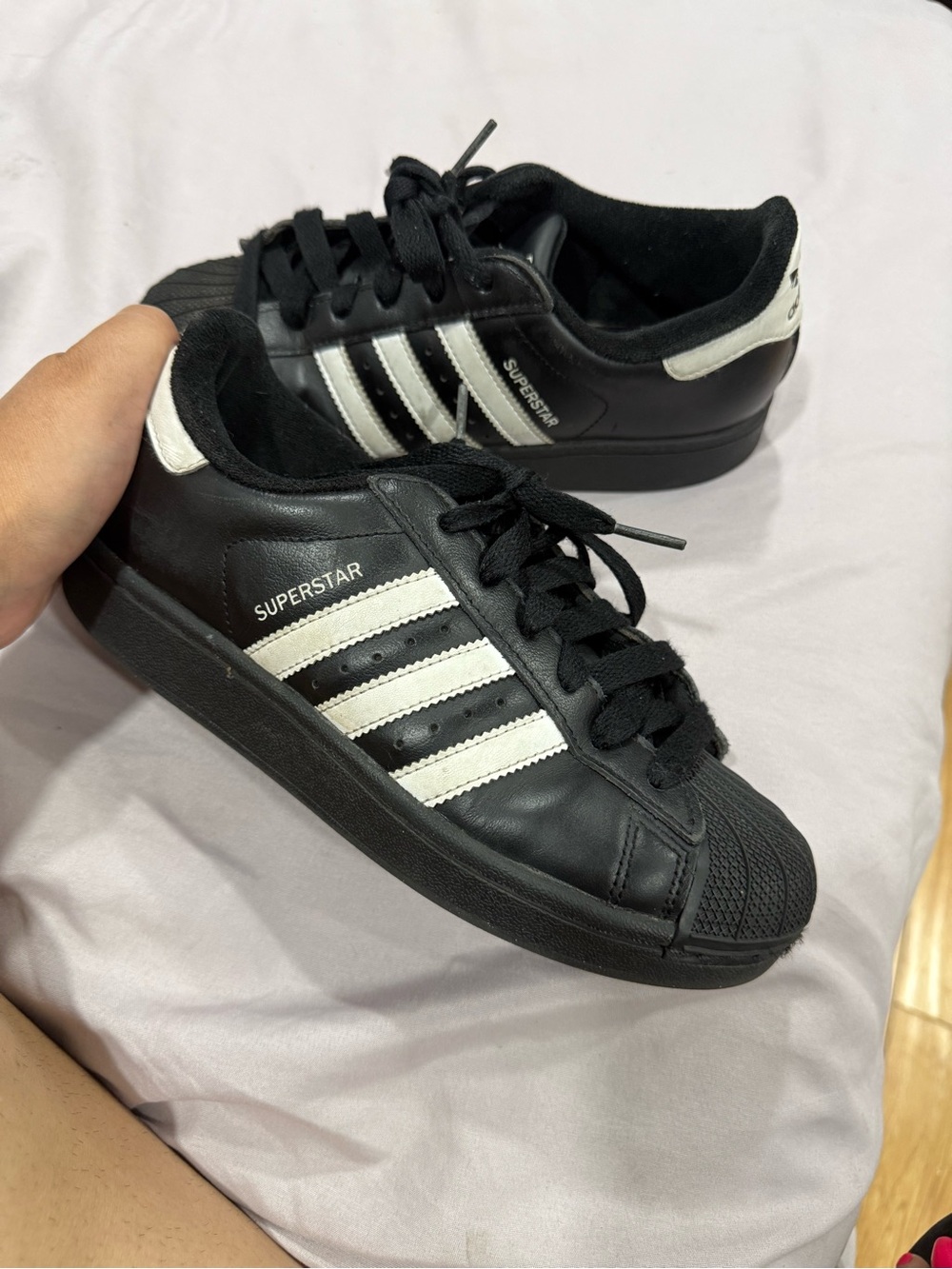 adidas Black Leather Superstar Sneakers with White Stripes